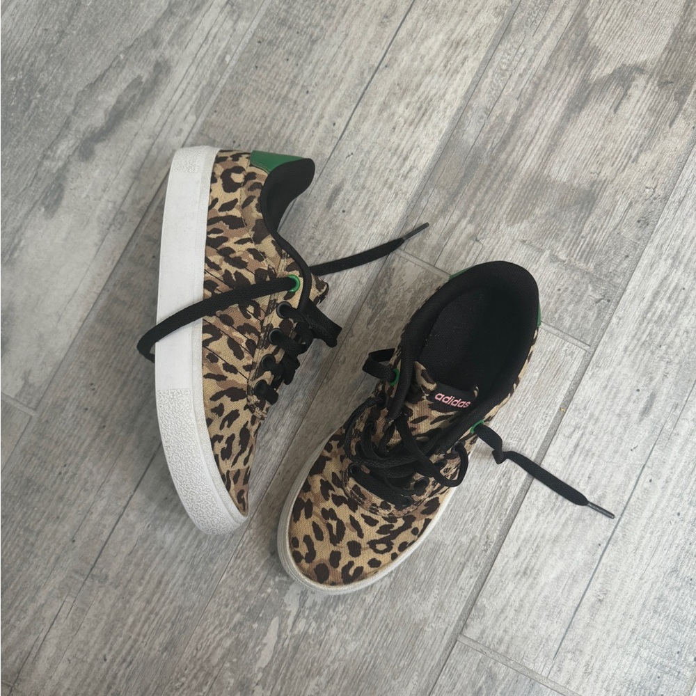 Leopard print adidas shoes with green leather details and pink writing. - Picture 2 of 7